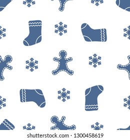 Seamless pattern with gingerbread man, christmas socks, snowflakes. Christmas and New Year 2019 background. Design for packaging paper, fabric and other print. 