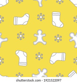 Seamless pattern with gingerbread man, christmas socks, snowflakes. Christmas and New Year background. Design for packaging paper, fabric and other print.  Illuminating and Ultimate Gray.