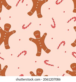 Seamless pattern of gingerbread man, Christmas cane. Christmas background of sweets and cookies