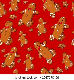 Seamless pattern with Gingerbread Man. Color, hand drawn.