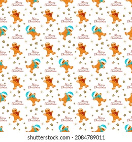 Seamless pattern from gingerbread man cookies and inscription merry Christmas, print for new year and winter holidays. Vector flat illustration
