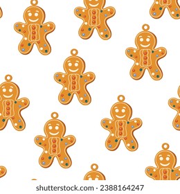 Seamless pattern with gingerbread man Cookies. New year Seamless Pattern. Hand drawn pattern. New year texture for print, wrapping paper, design, fabric, decor, gift.
