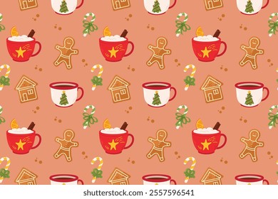 Seamless pattern with gingerbread man, cup of hot chocolate, Christmas tree, candy cane and gingerbread house.