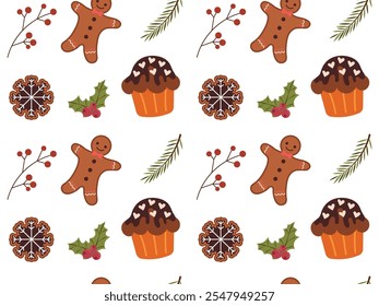 Seamless pattern with gingerbread man and cupcake. Christmas sweet pastries. Cupcakes, gingerbread man, mistletoe. Vector illustration of seamless Christmas pattern for textile, wrapping paper