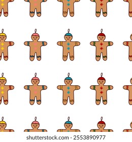 Seamless pattern with Gingerbread man. Cute hand drawn doodle figures. Merry Christmas and Happy New Year ornament. Cartoon design background. Colorful outline icons.