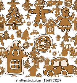 Seamless pattern. Gingerbread man, house and car. Christmas tree and snowflake.