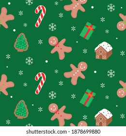 Patrón sin foco de hombre de pan de jengibre y casa con copos de nieve y caña de caramelo y caja de regalo sobre fondo verde. Ilustración del vector EPS10