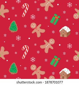 Seamless pattern of gingerbread man and house with snowflakes and candy cane and present box on red background