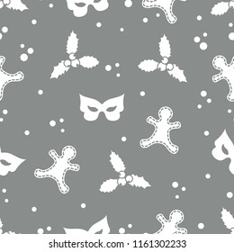 Seamless pattern with gingerbread man, mistletoe, mask. Christmas and New Year 2019 background. Design for packaging paper, fabric and other print.
