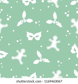 Seamless pattern with gingerbread man, mistletoe, mask. Christmas and New Year 2019 background. Design for packaging paper, fabric and other print.