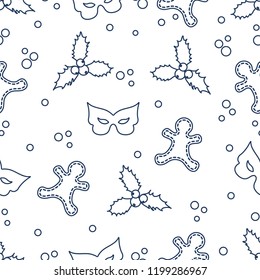 Seamless pattern with gingerbread man, mistletoe, mask. Christmas and New Year 2019 background. Design for packaging paper, fabric and other print.