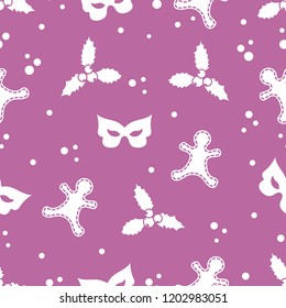 Seamless pattern with gingerbread man, mistletoe, mask. Christmas and New Year 2019 background. Design for packaging paper, fabric and other print.