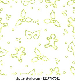 Seamless pattern with gingerbread man, mistletoe, mask. Christmas and New Year 2019 background. Design for packaging paper, fabric and other print.