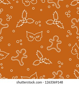 Seamless pattern with gingerbread man, mistletoe, mask. Christmas and New Year 2019 background. Design for packaging paper, fabric and other print.