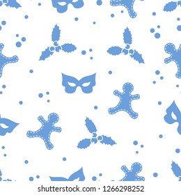 Seamless pattern with gingerbread man, mistletoe, mask. Christmas and New Year 2019 background. Design for packaging paper, fabric and other print.