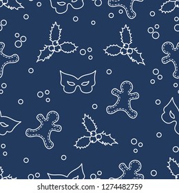 Seamless pattern with gingerbread man, mistletoe, mask. Christmas and New Year 2019 background. Design for packaging paper, fabric and other print.