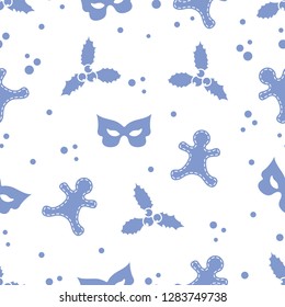 Seamless pattern with gingerbread man, mistletoe, mask. Christmas and New Year 2019 background. Design for packaging paper, fabric and other print.