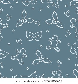 Seamless pattern with gingerbread man, mistletoe, mask. Christmas and New Year 2019 background. Design for packaging paper, fabric and other print.