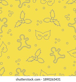 Seamless pattern with gingerbread man, mistletoe, mask. Christmas and New Year background. Design for packaging paper, fabric and other print. Illuminating and Ultimate Gray.