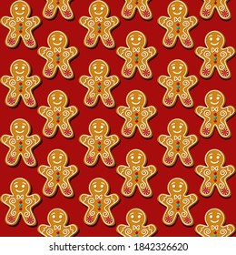 Seamless pattern with gingerbread man on red background. Homemade cookies in cartoon style. Vector illustration