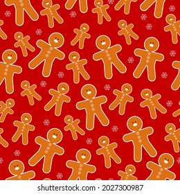 Seamless pattern with a gingerbread man on a bright red background. Vector flat illustration