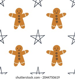 Patrón sin inconvenientes con el hombre de pan de jengibre y las estrellas en un fondo blanco. Ilustración vectorial.