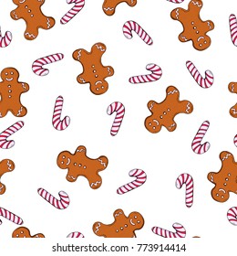 Seamless pattern with gingerbread man and stripped candy on white background. Hand drawn vector illustration.
