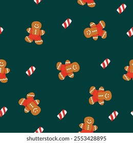 Seamless pattern with gingerbread and Marshmallow on a dark green background. Merry Christmas concept. Perfect for product design, scrapbooking, textile, wrapping paper. EPS 10 