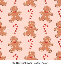Seamless pattern with gingerbread men and candy cane on a light beige background. Vector holiday background.