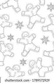 Seamless pattern with gingerbread men for christmas as antistress coloring page for adults, outline colorless vector stock illustration with christmas gingerbread in a4 size