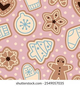 Seamless pattern with gingerbread men. Christmas gingerbread in the shape of a Christmas tree, Christmas toy, gingerbread man and snowflakes.