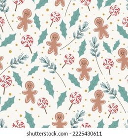 Seamless pattern with gingerbread men, fir branches and sweets.Design for gift wrapping paper, fabric, clothes, textile, wallpaper.