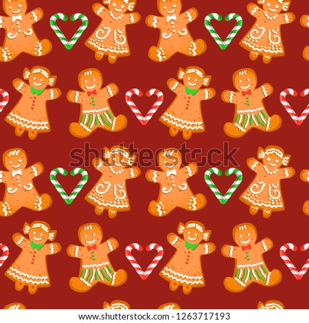 Seamless pattern with gingerbread men and girls on dark broun background. Vector 10 EPS illustration