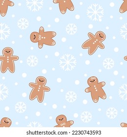 Seamless pattern of gingerbread men in Kawaii style with big and small snowflakes and dots. On a blue background.