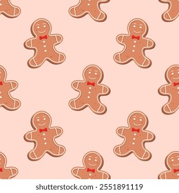 Seamless pattern with gingerbread men on a light beige background. Gingerbread cookies seamless pattern.