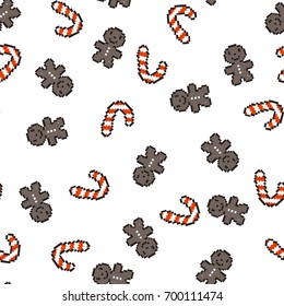 Seamless pattern with gingerbread men and a striped red-and-white Lollipop. Christmas, new year background, Vector illustration Pixel art