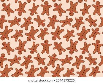 Seamless pattern with gingerbread men. Vector illustration of traditional cute gingerbread cookies. Festive repeating texture with cartoon gingerbread man. Sweet decoration. Winter background with