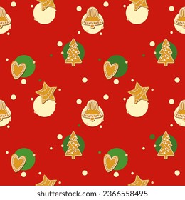 Seamless pattern Gingerbread for Merry Christmas bell tree human heart tasty baked stickers 2024 new year