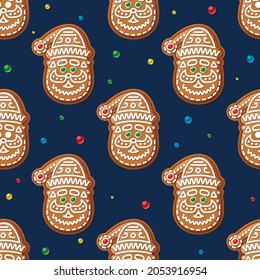 Seamless Pattern with Gingerbread Santa Claus on Blue. Christmas Cookie. Vector Illustration.