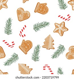 Patrón sin foco con pan de jengibre y árbol de vísceras de rama de abeto y dulce palo de Navidad. Ilustración vectorial.