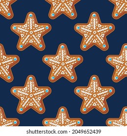 Seamless Pattern with Gingerbread Star on Blue. Christmas Cookie. Vector Illustration.