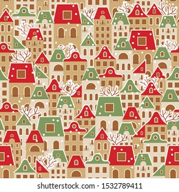 Seamless pattern with a gingerbread winter town under the snow.