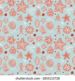 Seamless pattern. Gingerbread Xmas different cookies backdrop on the light blue background. Flat vector illustration