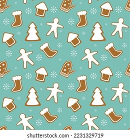 Seamless pattern. Gingerbreads. A house, socks, a Christmas tree, shoes, a man. Holiday. Vector illustration on a blue background. Suitable for fabric, wallpaper, design