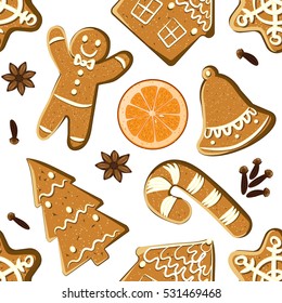 Seamless pattern with gingerbreads, orange slices and spices. Vector Christmas tiled background. Winter wrapping paper texture with illustrated homemade bakery
