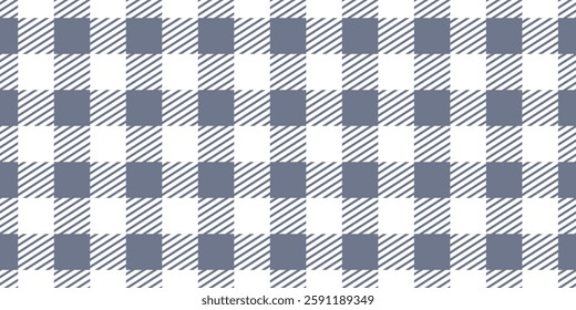 Seamless pattern in gingham. Scottish tartan texture. Checked vichy. Gray and white geometric banner. Checkered pattern. For gift paper, towel, tablecloth, napkin. Classic design vector background.
