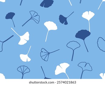 Seamless pattern with gingko biloba on blue background vector.