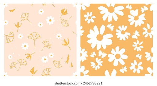 Seamless pattern with gingko leaves and daisy flower on pink and yellow backgrounds vector.