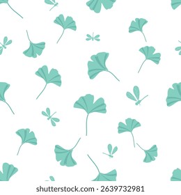 Seamless pattern with Gingko leaves and dragonflies on white background vector.