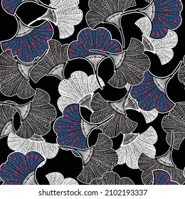 Seamless pattern gingko leaves fill in with african prints and hand dranw line dots ,Design for fashion , fabric ,wrapping ,wallpaper, and all prints on black